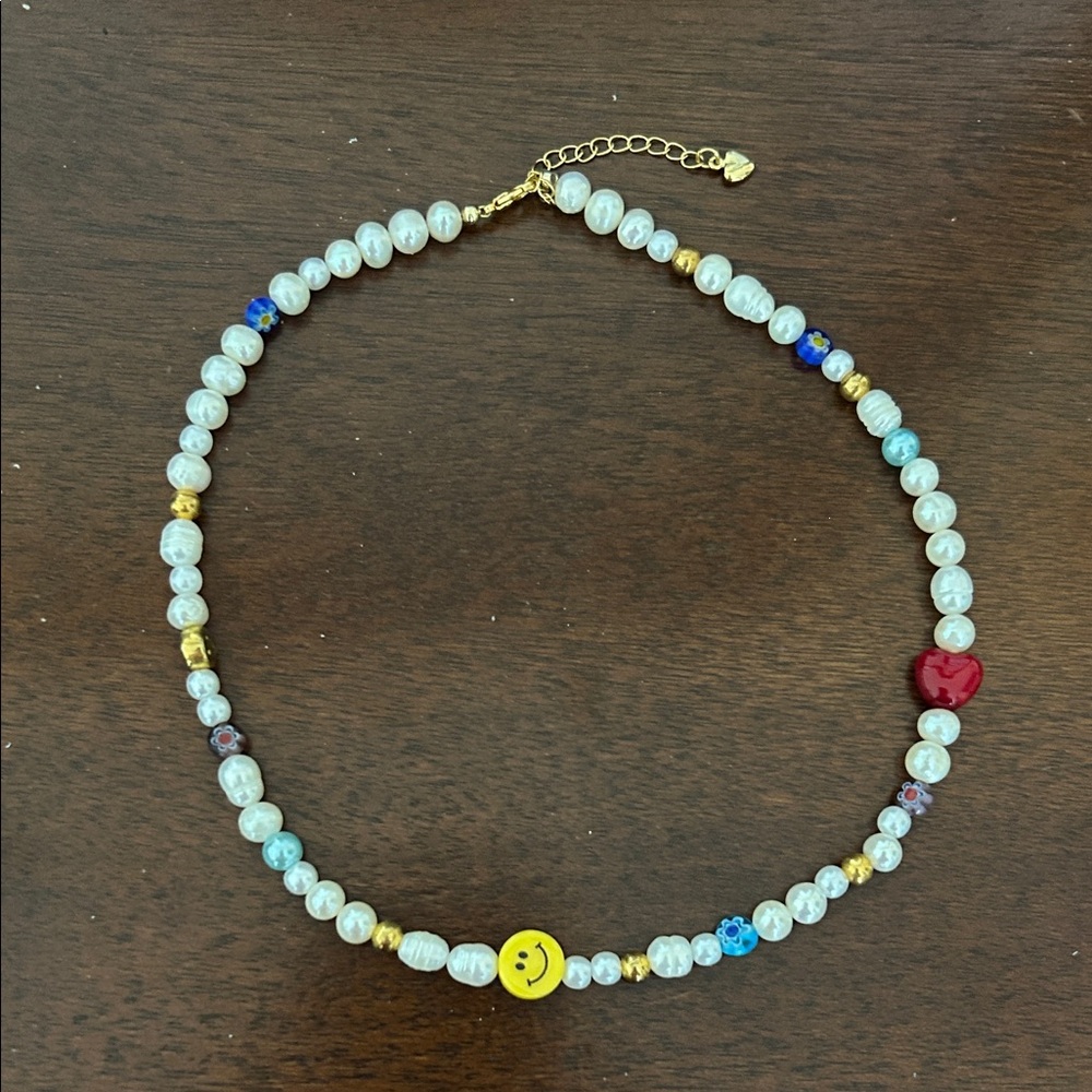 Pearl and Bead Necklace with Smiley and Heart Accents